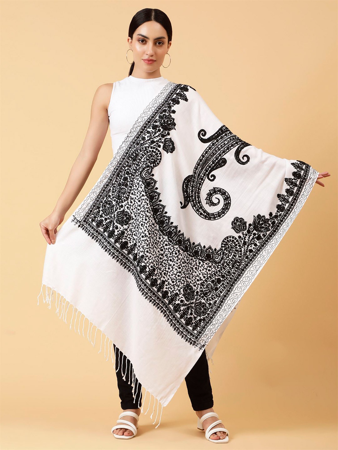 

Moda Chales Women Embroidered Shawl, White