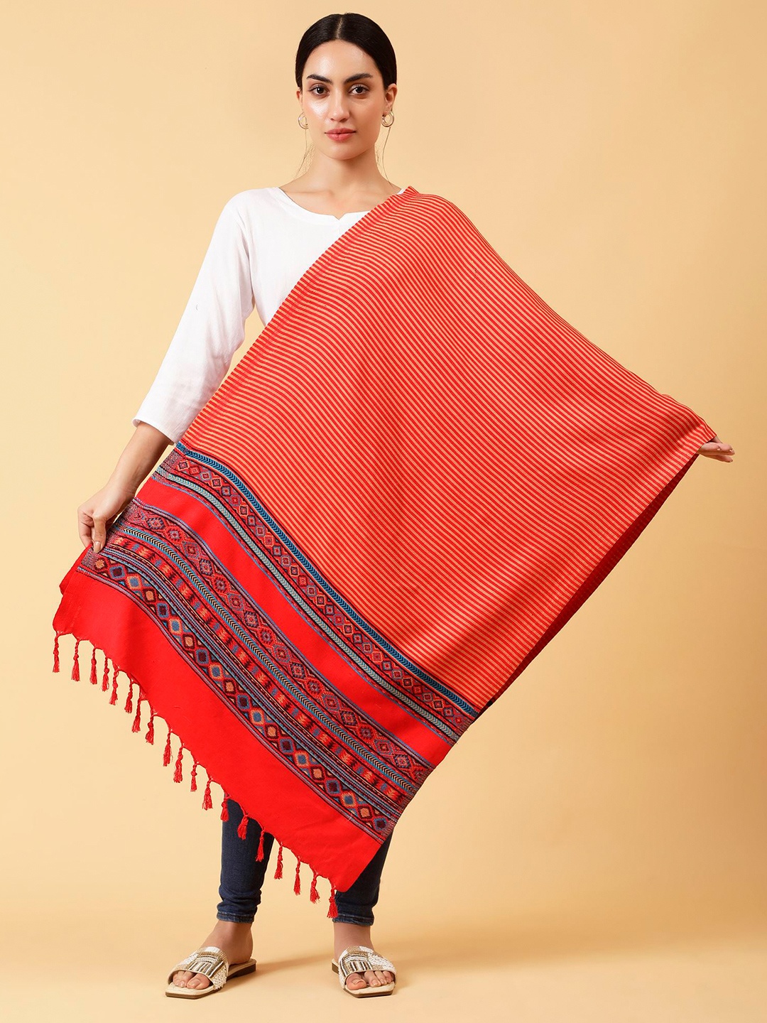 

Moda Chales Striped Pure Woollen Shawl, Red