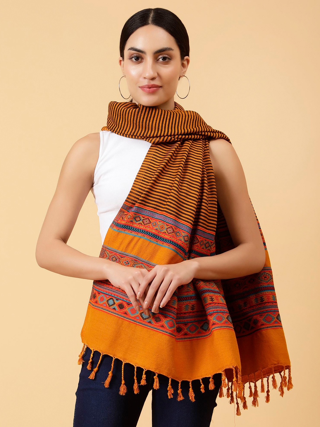 

Moda Chales Striped Woven Design Acrylic Shawl, Mustard