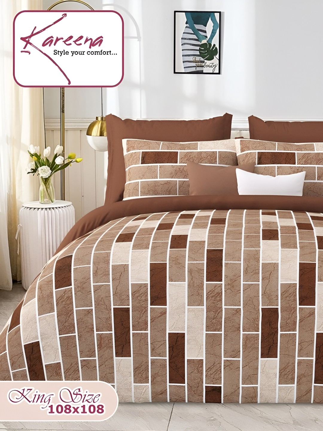 

Bedbathandbliss Brown & Peach Geometric 300 TC King Bedsheet With 2 Pillow Covers