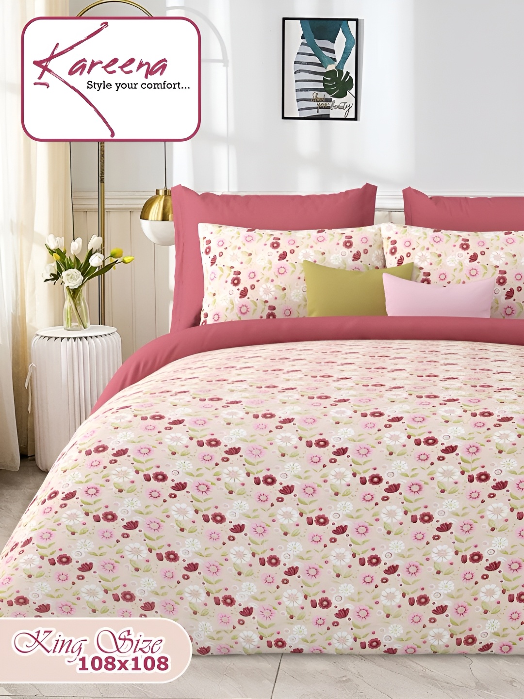 

Bedbathandbliss Pink & Cream Floral 300 TC King Bedsheet With 2 Pillow Covers