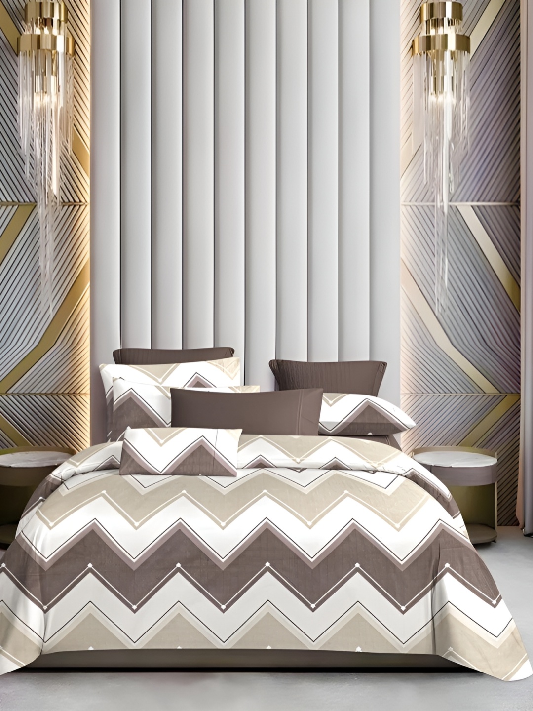 

Bedbathandbliss White & Brown Geometric 300 TC King Bedsheet With 2 Pillow Covers