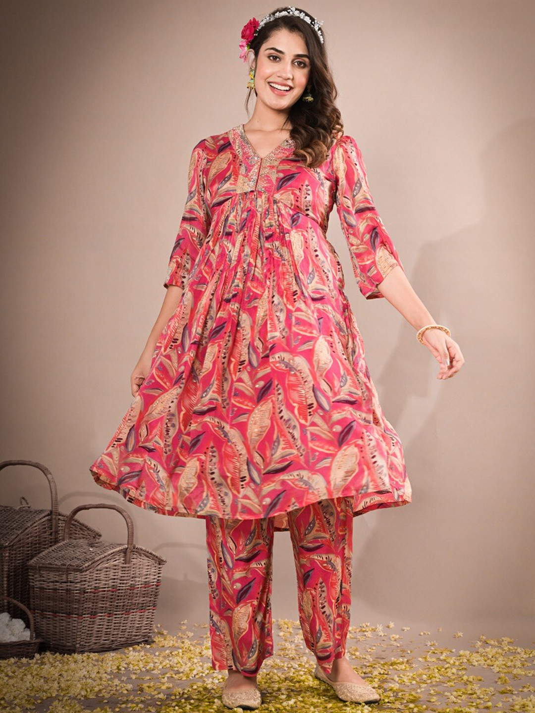 

Advya Printed A-Line pleates and handwork Co-ord Set, Pink