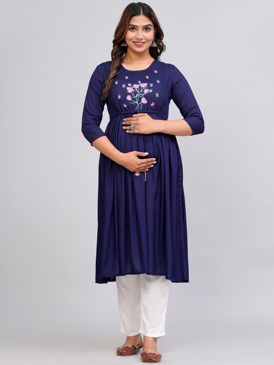 

SGRF Embroidered Round Neck Maternity Anarkali Kurta, Blue