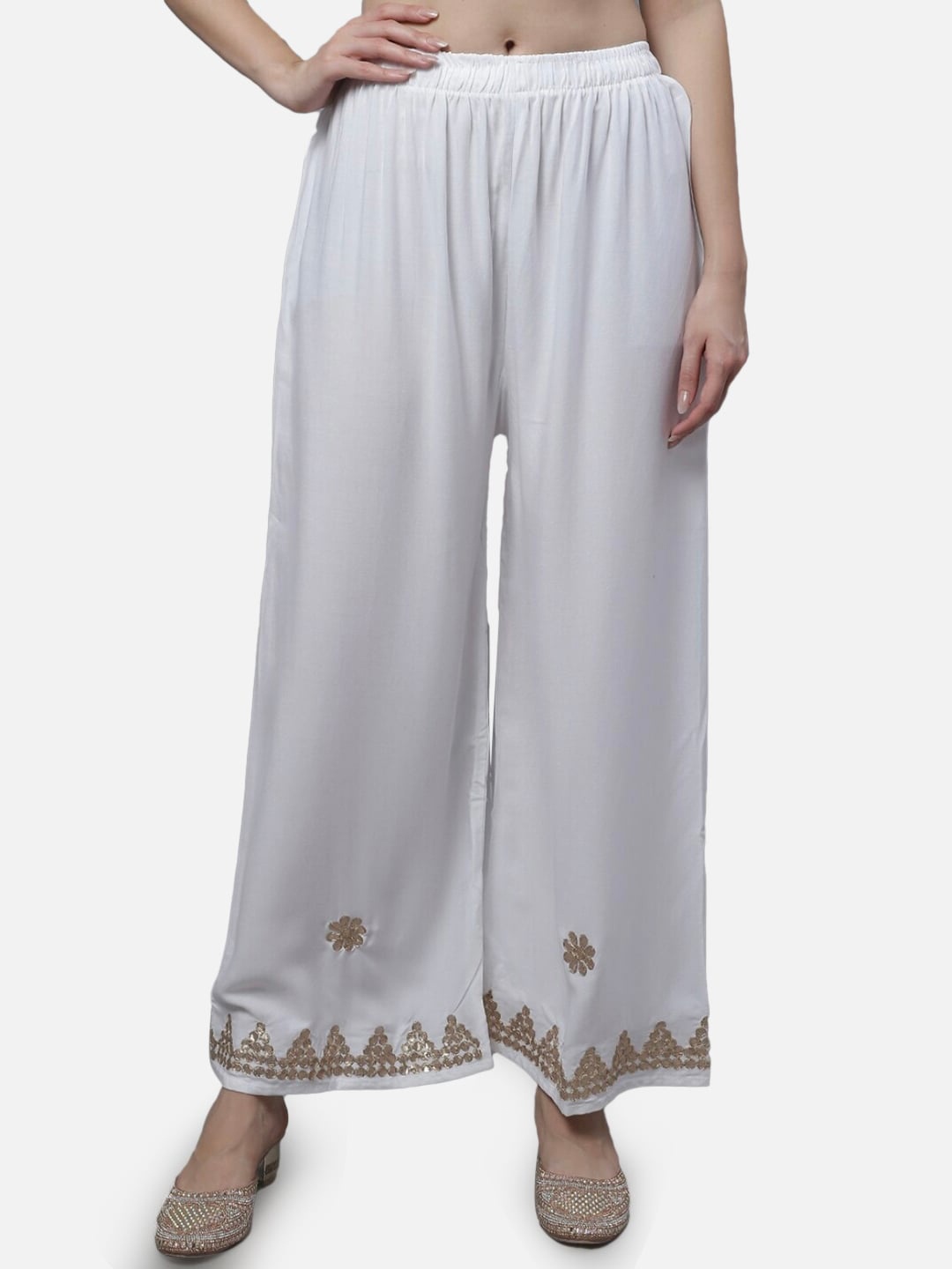 

BCZ Style Hem Design Flared Regular Ethnic Palazzos, White