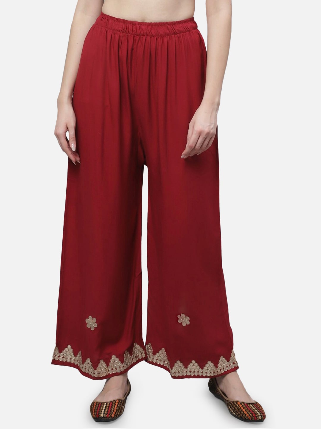 

BCZ Style Floral Hem Design Flared Regular Ethnic Palazzos, Maroon