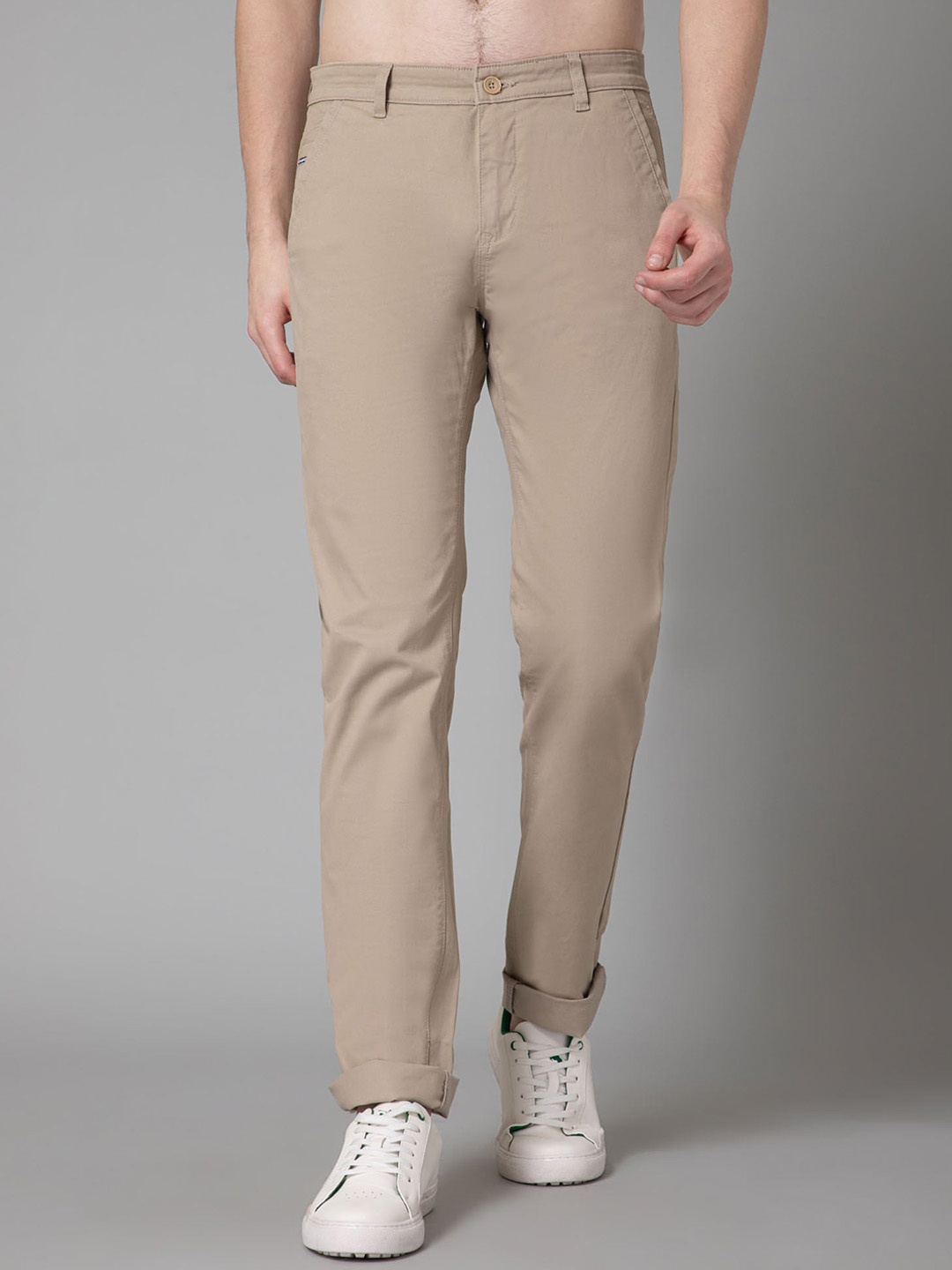 

Cantabil Mid-Rise Flat-Front Cotton Chinos Casual Trousers, Beige