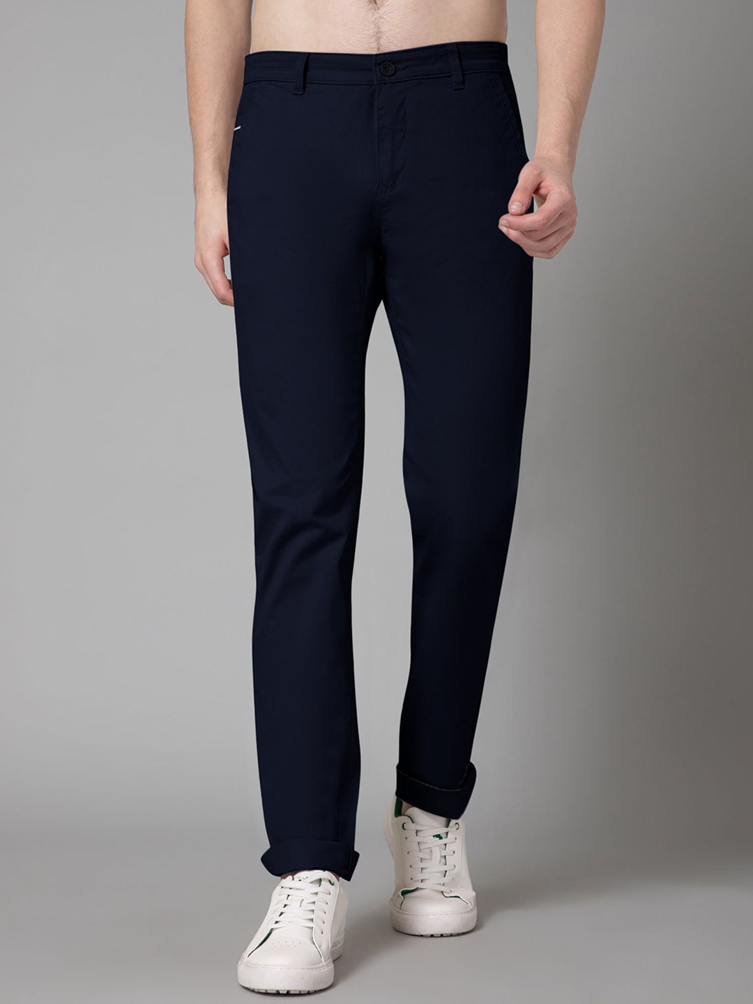 

Cantabil Mid-Rise Flat-Front Cotton Chinos Casual Trousers, Navy blue