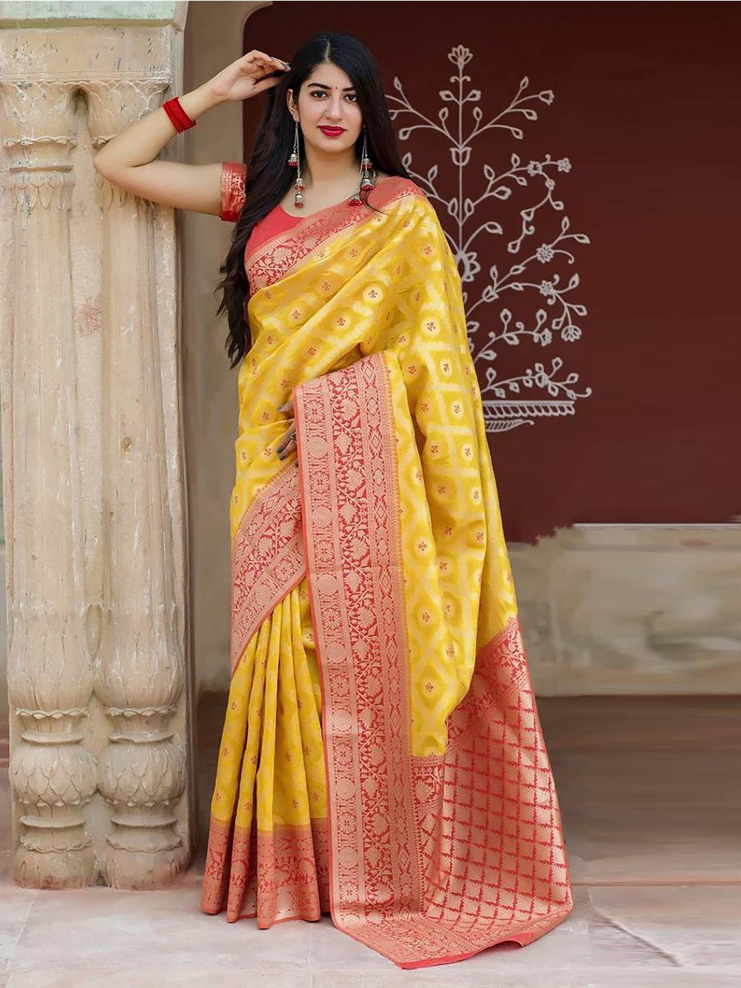 

Aldwych Woven Design Ethnic Motifs Zari Designer Banarasi Saree, Yellow