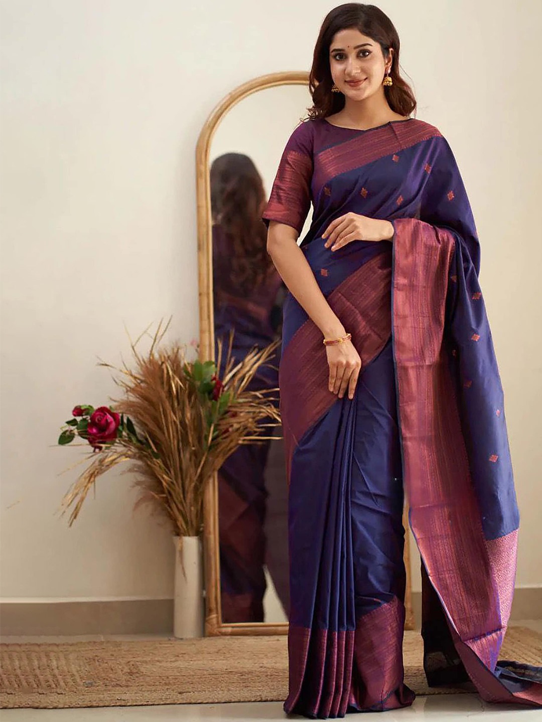 

Aldwych Woven Design Ethnic Motifs Zari Designer Banarasi Saree, Navy blue