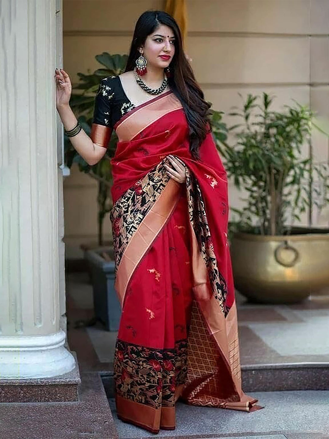 

Aldwych Woven Design Ethnic Motifs Zari Designer Banarasi Saree, Red