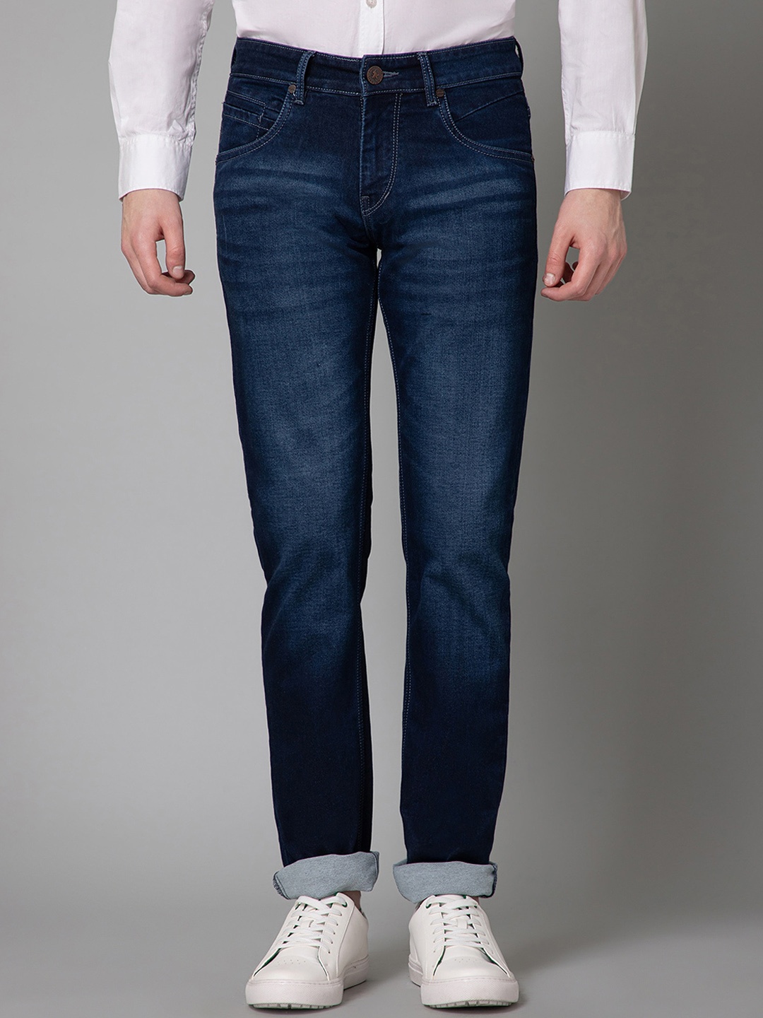 

Cantabil Men Mid-Rise Dark Shade Light Fade Clean Look Cotton Stretchable Jeans, Navy blue