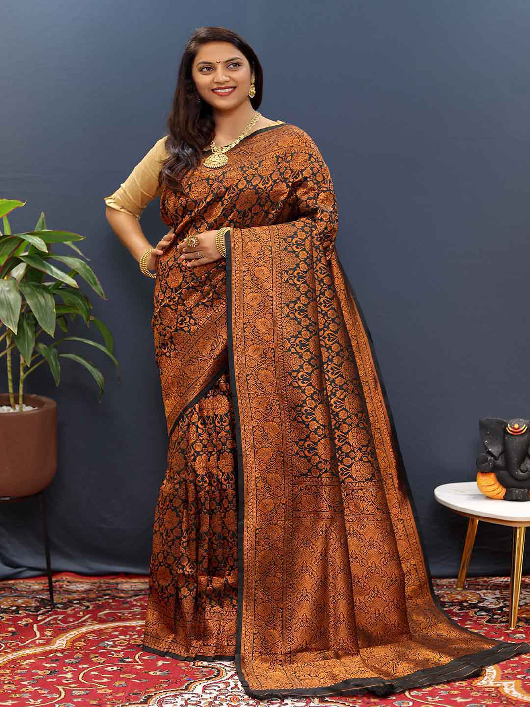 

KALINI Ethnic Motifs Woven Design Zari Detailed Saree, Black
