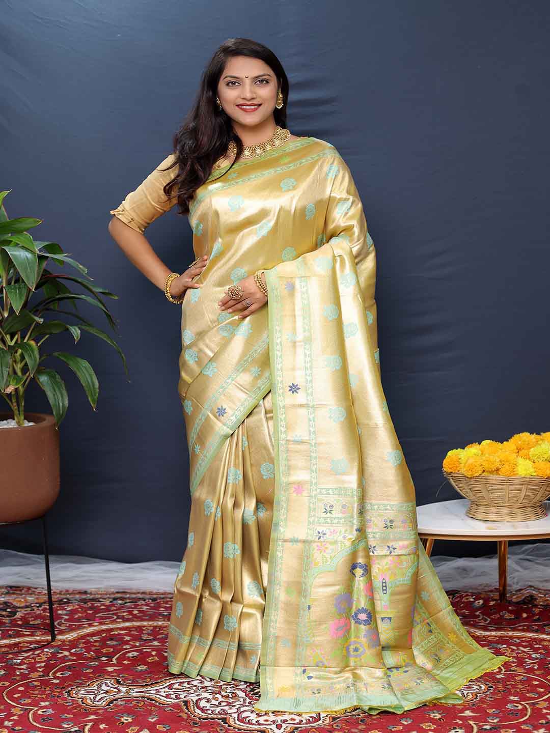 

KALINI Ethnic Motifs Woven Design Zari Detailed Saree, Green