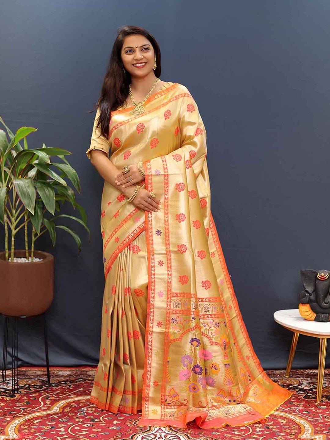 

KALINI Ethnic Motifs Woven Design Zari Detailed Saree, Orange