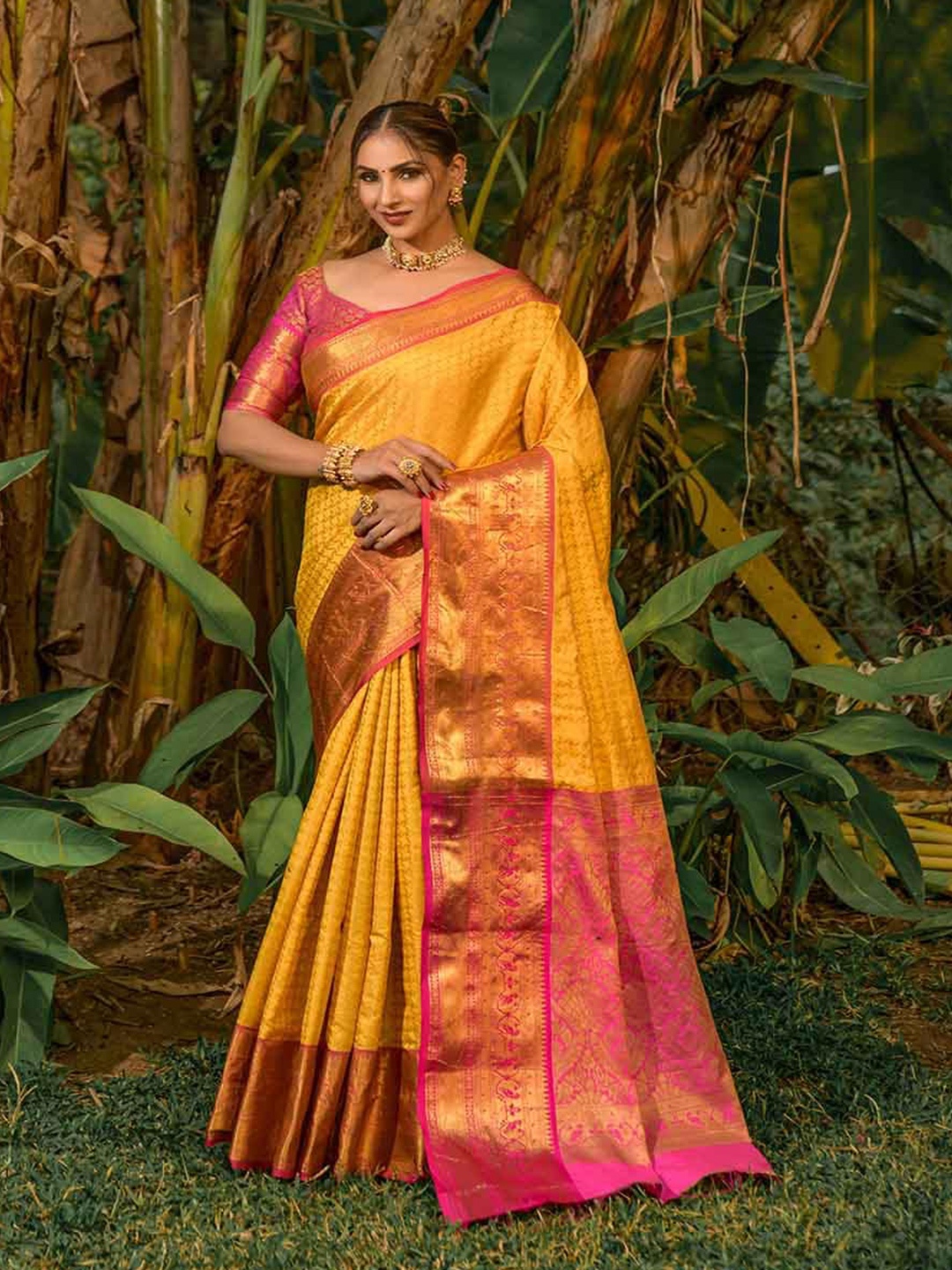 

KALINI Ethnic Motifs Woven Design Zari Detailed Saree, Yellow