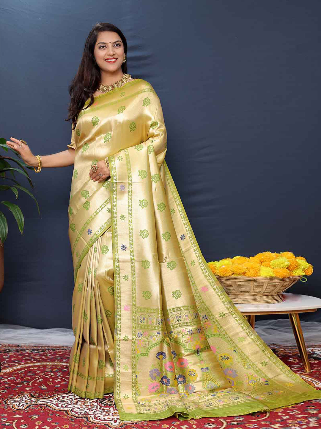 

KALINI Floral Woven Design Zari Art Silk Saree, Green