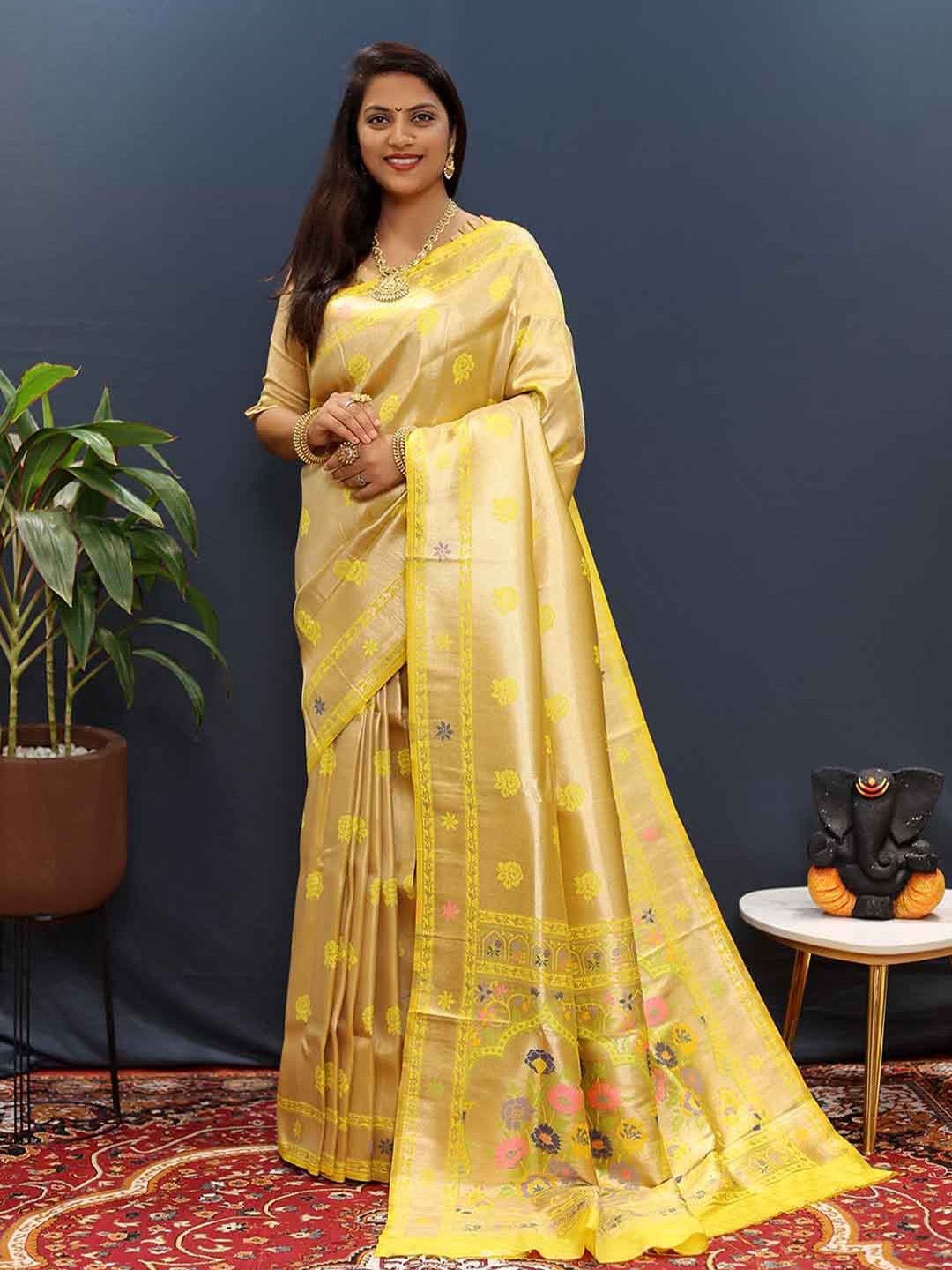 

KALINI Ethnic Motifs Woven Design Zari Detailed Saree, Yellow