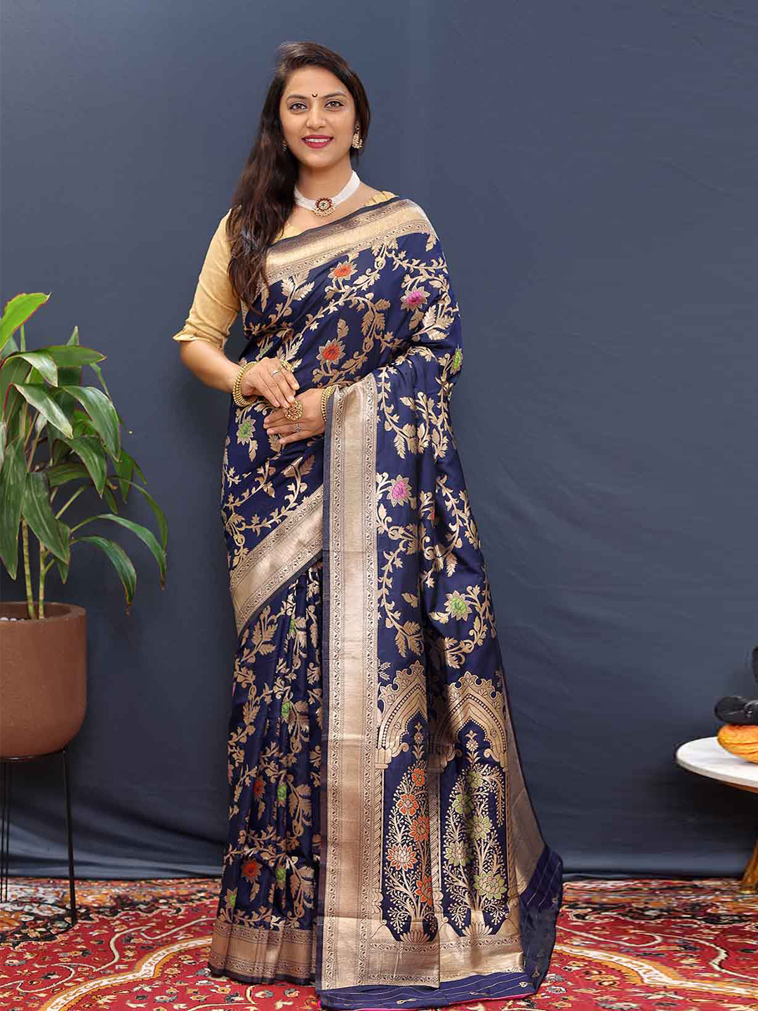 

KALINI Ethnic Motifs Woven Design Zari Art Silk Saree, Navy blue
