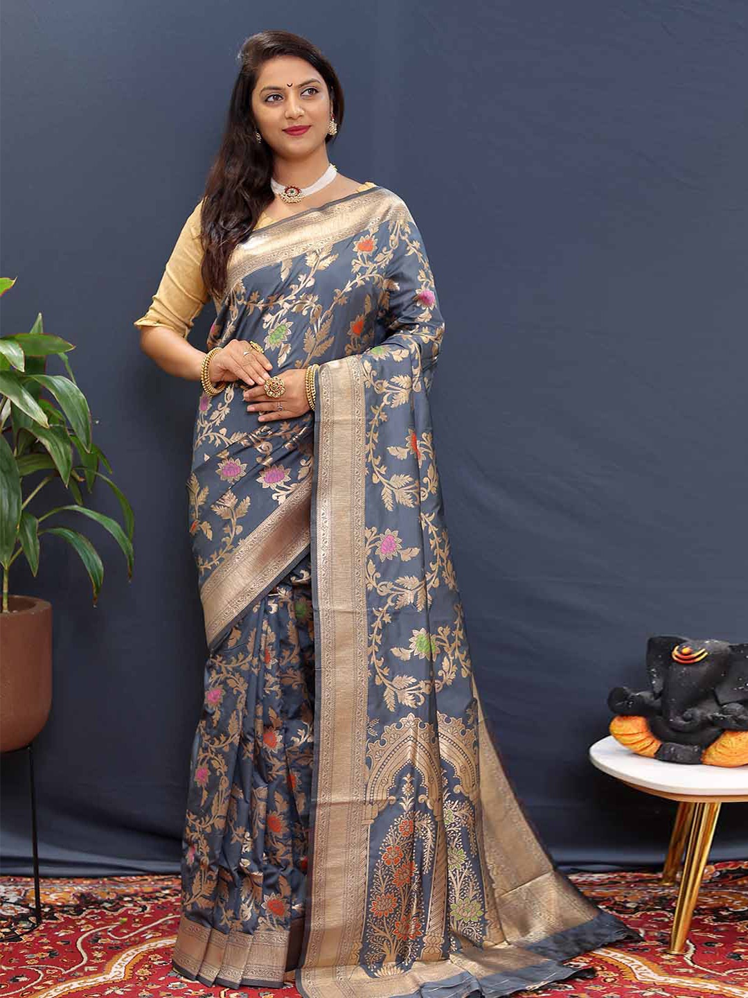 

KALINI Ethnic Motifs Woven Design Zari Art Silk Saree, Grey