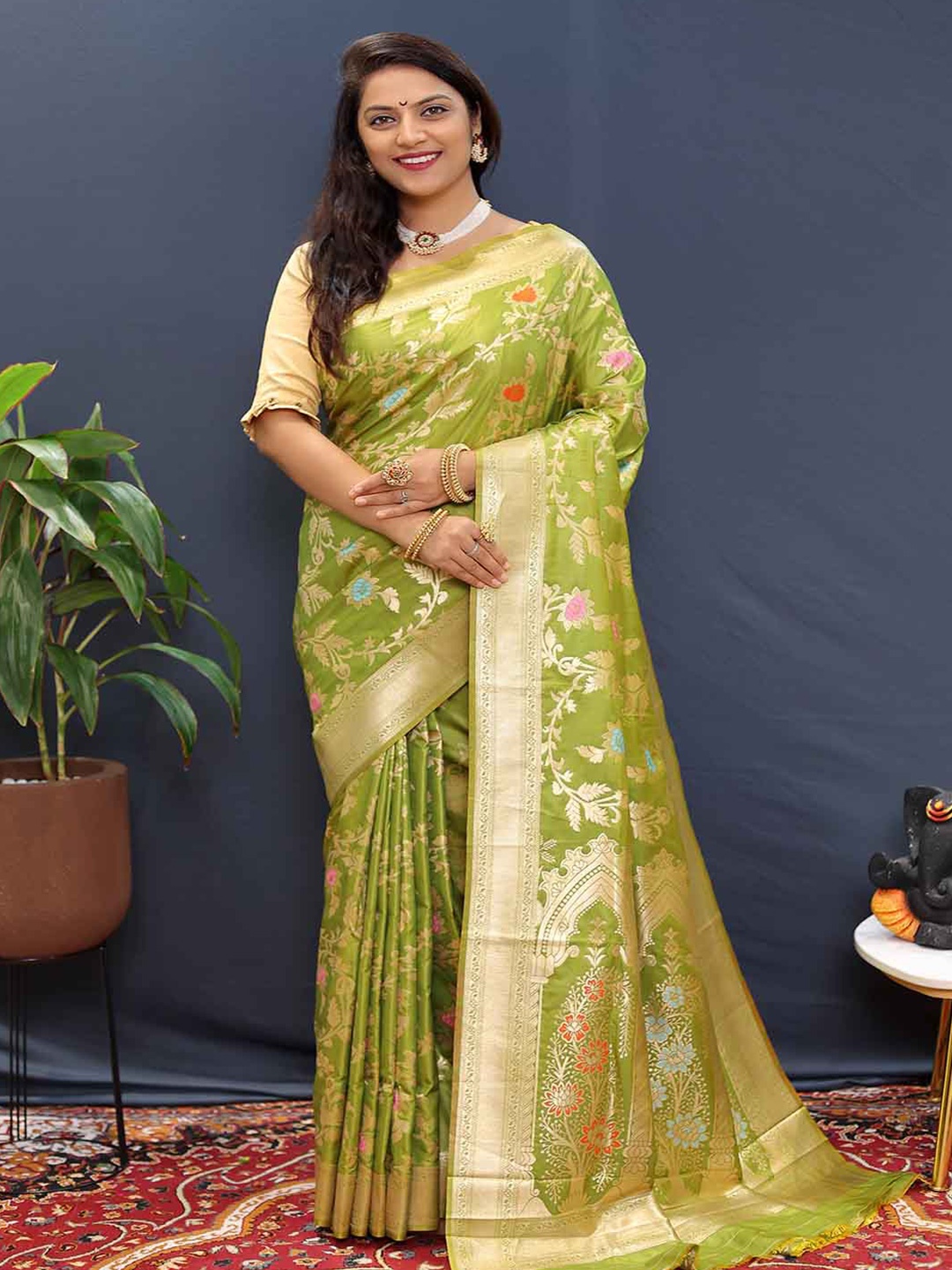 

KALINI Floral Woven Design Zari Saree, Green