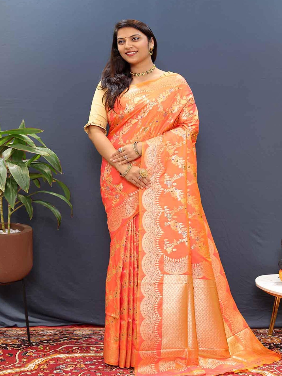 

KALINI Ethnic Motifs Woven Design Zari Art Silk Saree, Orange