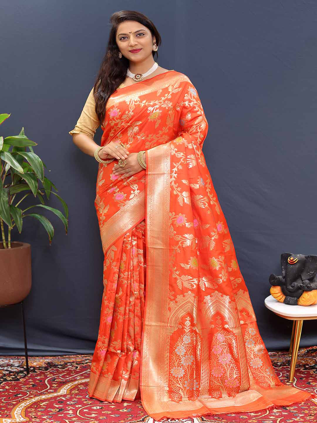 

KALINI Ethnic Motifs Zari Woven Design Saree, Orange