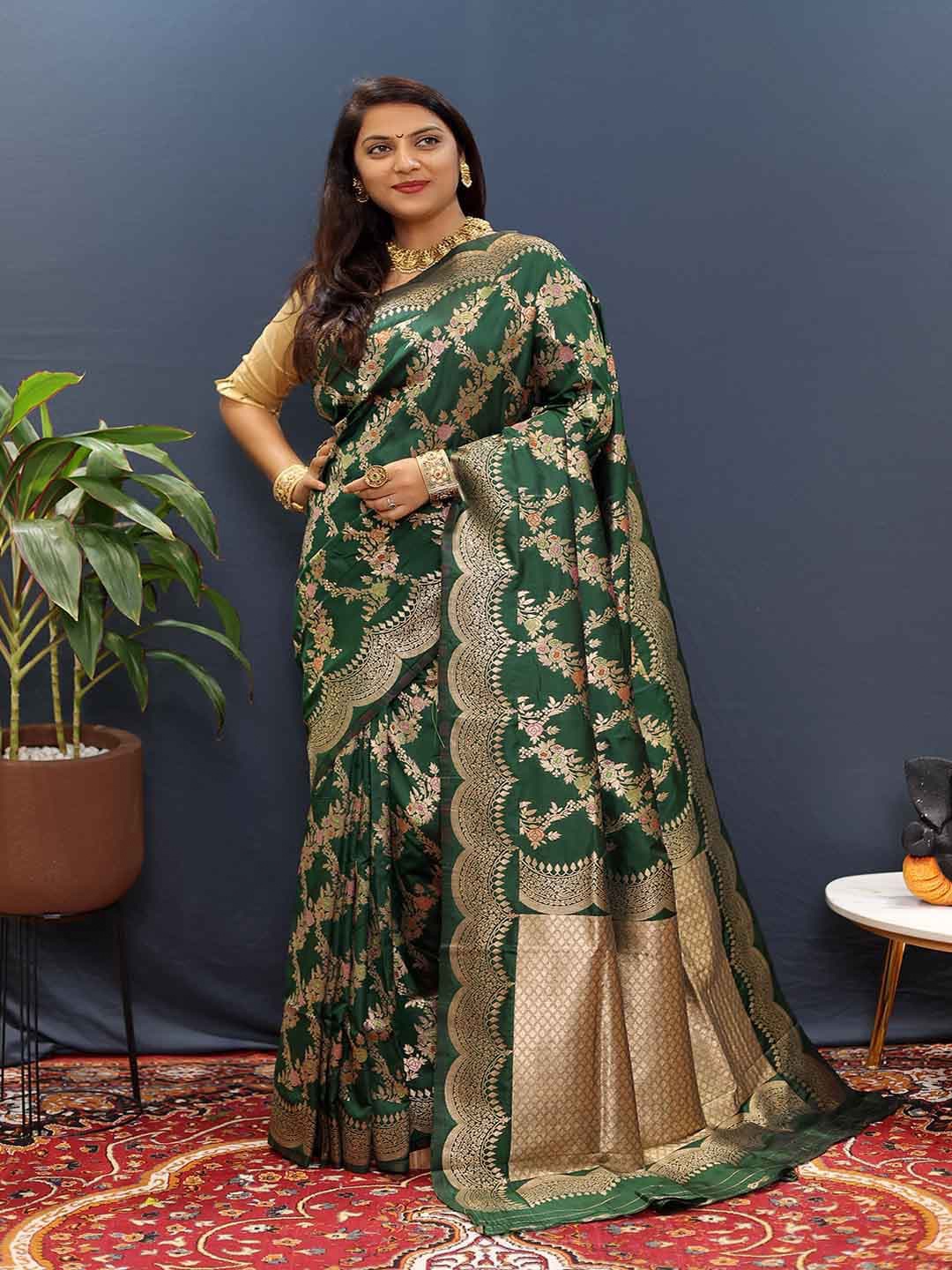 

KALINI Ethnic Motifs Woven Design Zari Art Silk Saree, Green