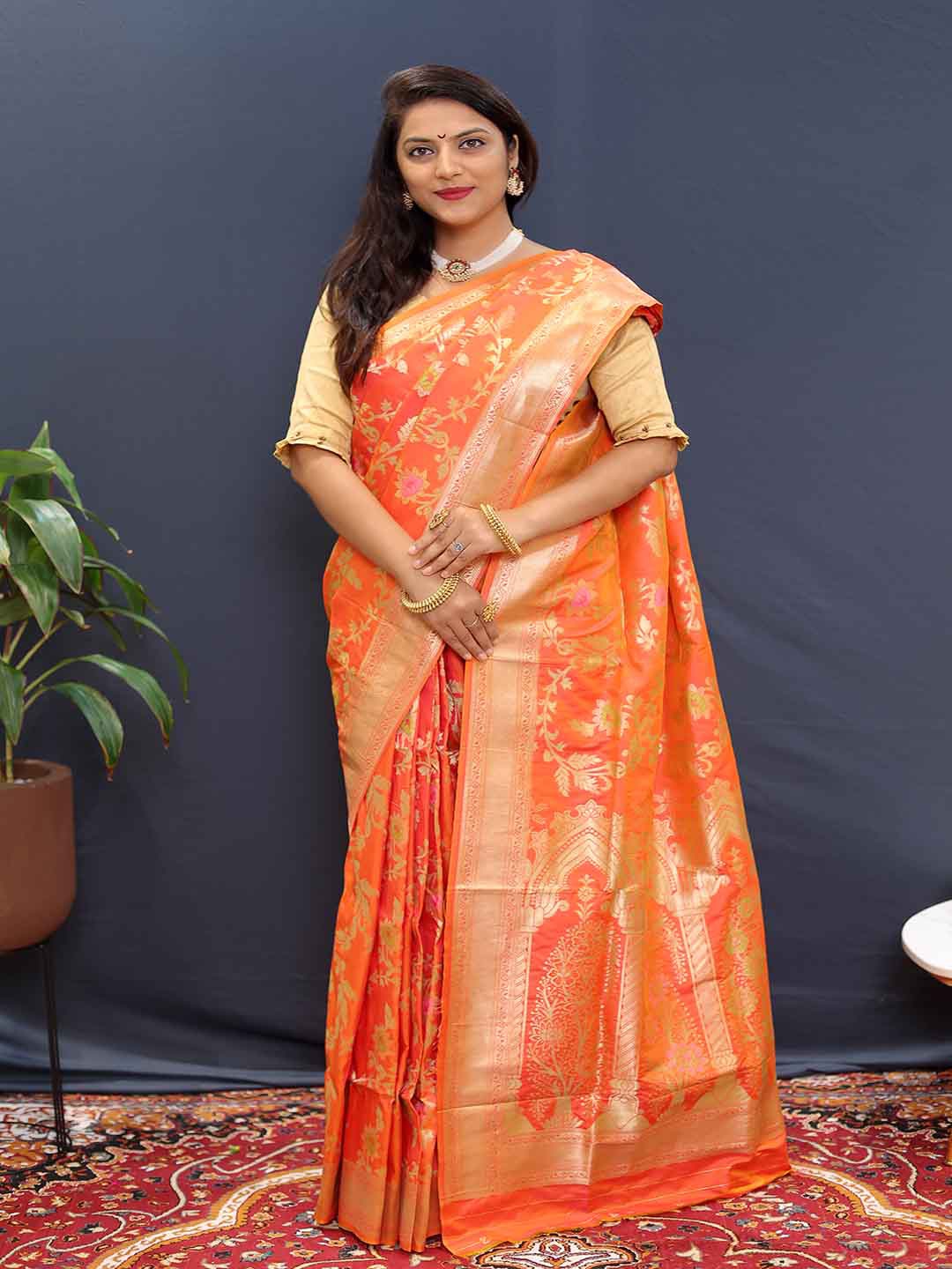 

KALINI Floral Woven Design Zari Saree, Orange