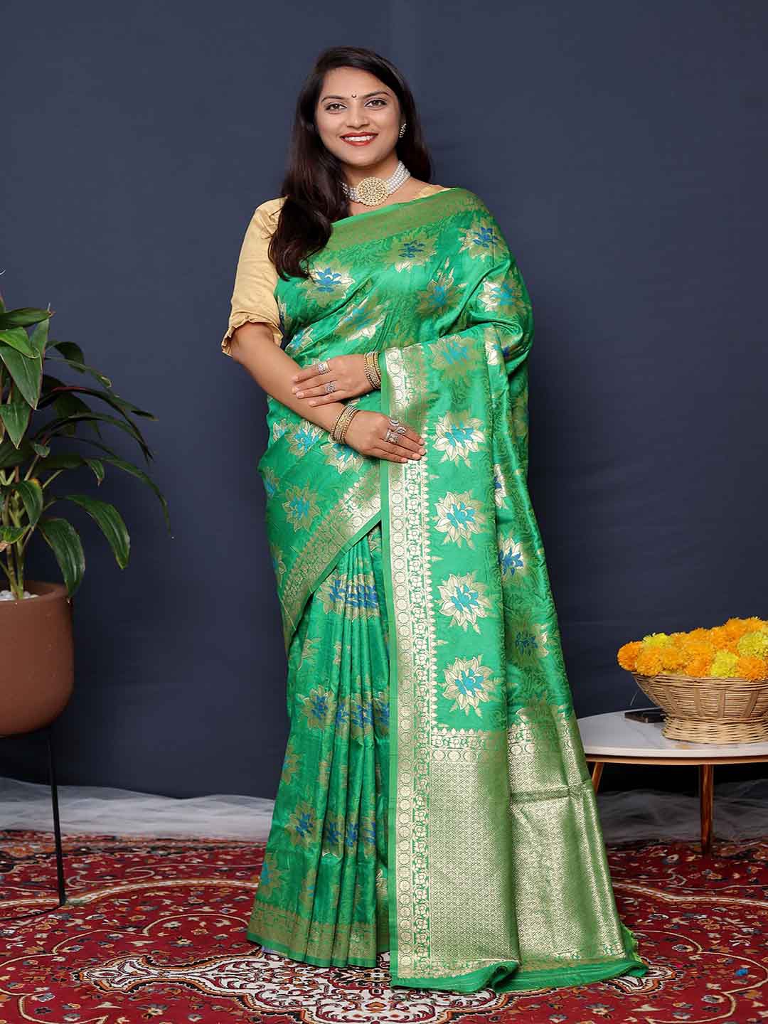 

KALINI Floral Woven Design Zari Saree, Green