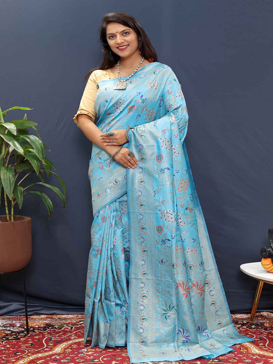 

KALINI Floral Woven Design Zari Saree, Blue