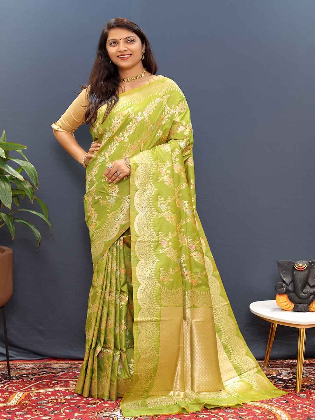 

KALINI Ethnic Motifs Woven Design Zari Saree, Lime green