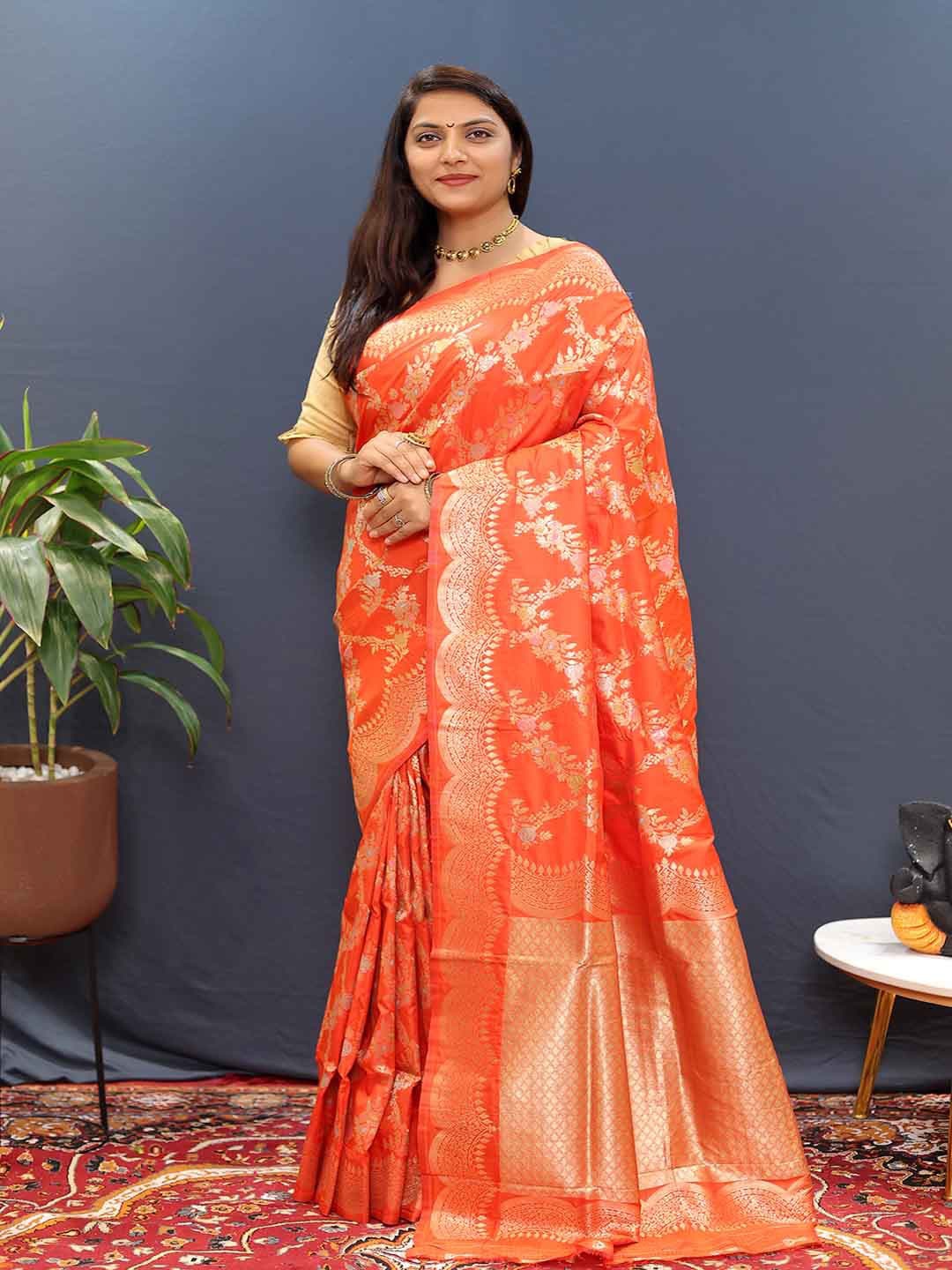 

KALINI Ethnic Motifs Woven Design Zari Saree, Orange