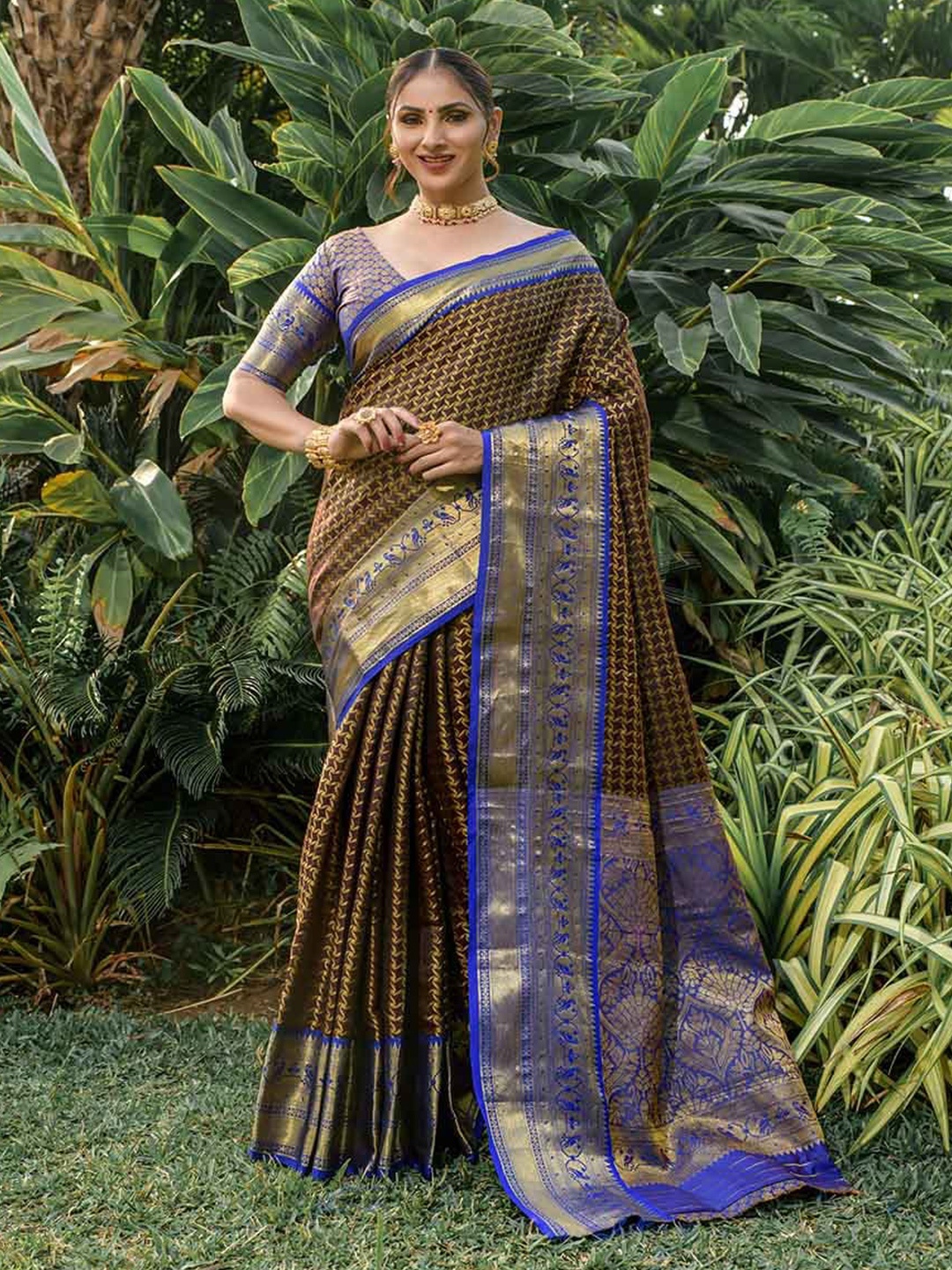 

KALINI Ethnic Motifs Woven Design Zari Art Silk Saree, Brown