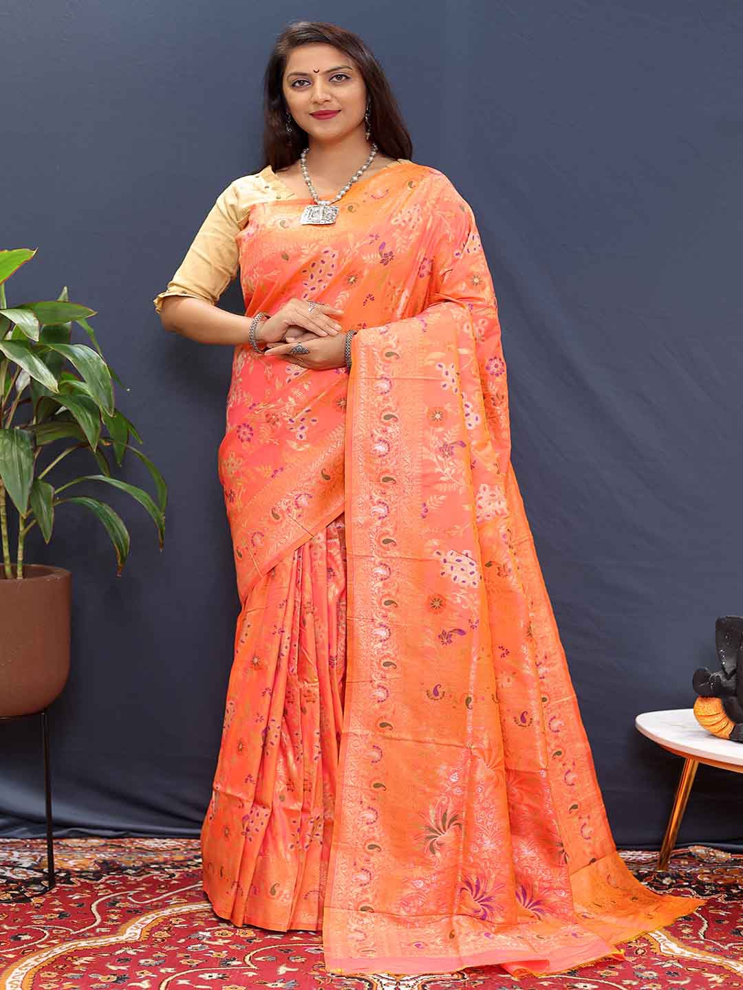 

KALINI Ethnic Woven Design Zari Saree, Orange