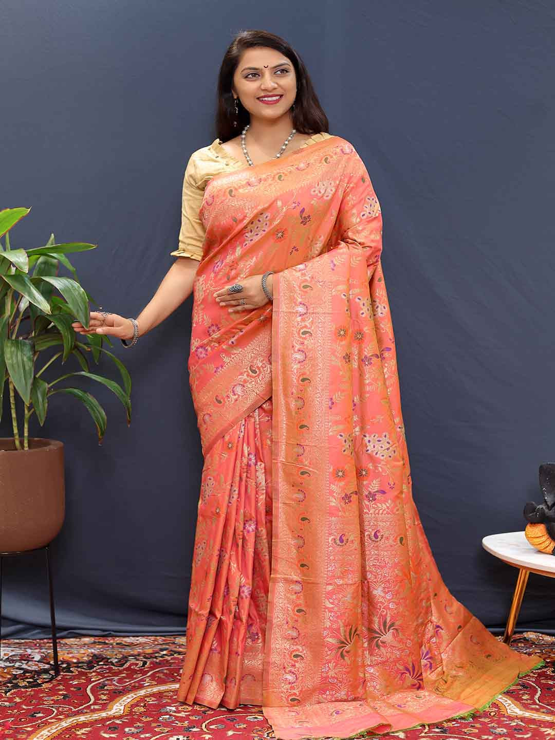 

KALINI Ethnic Motifs Woven Design Zari Art Silk Saree, Peach