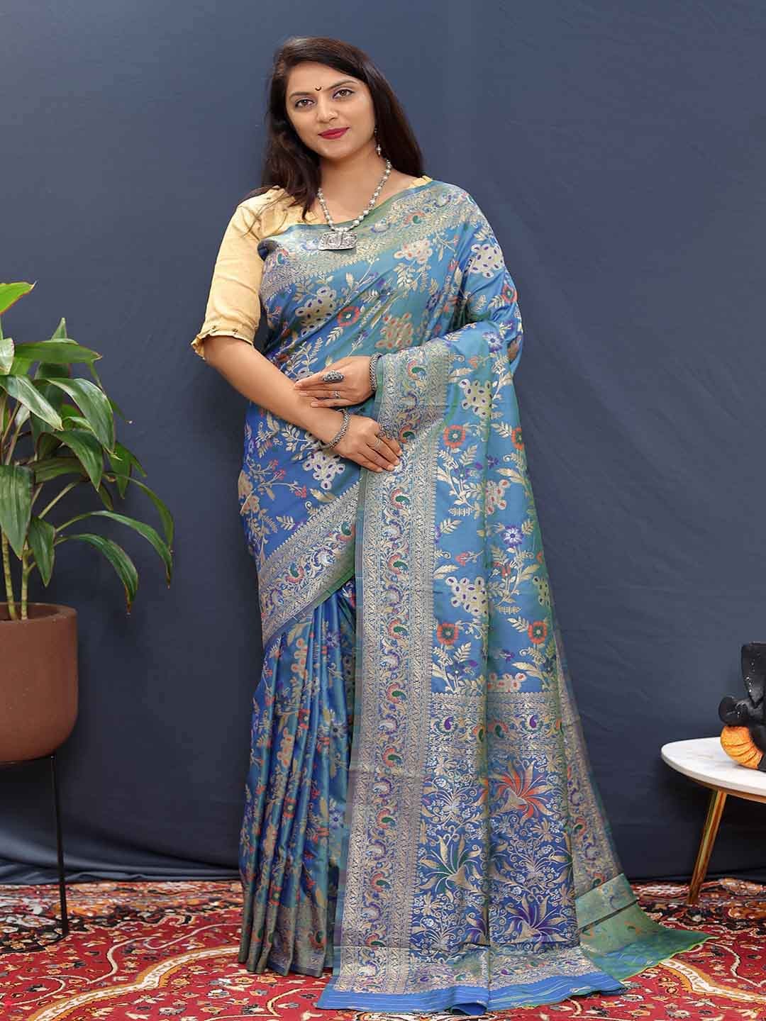 

KALINI Ethnic Moif Woven Design Zari Saree, Blue