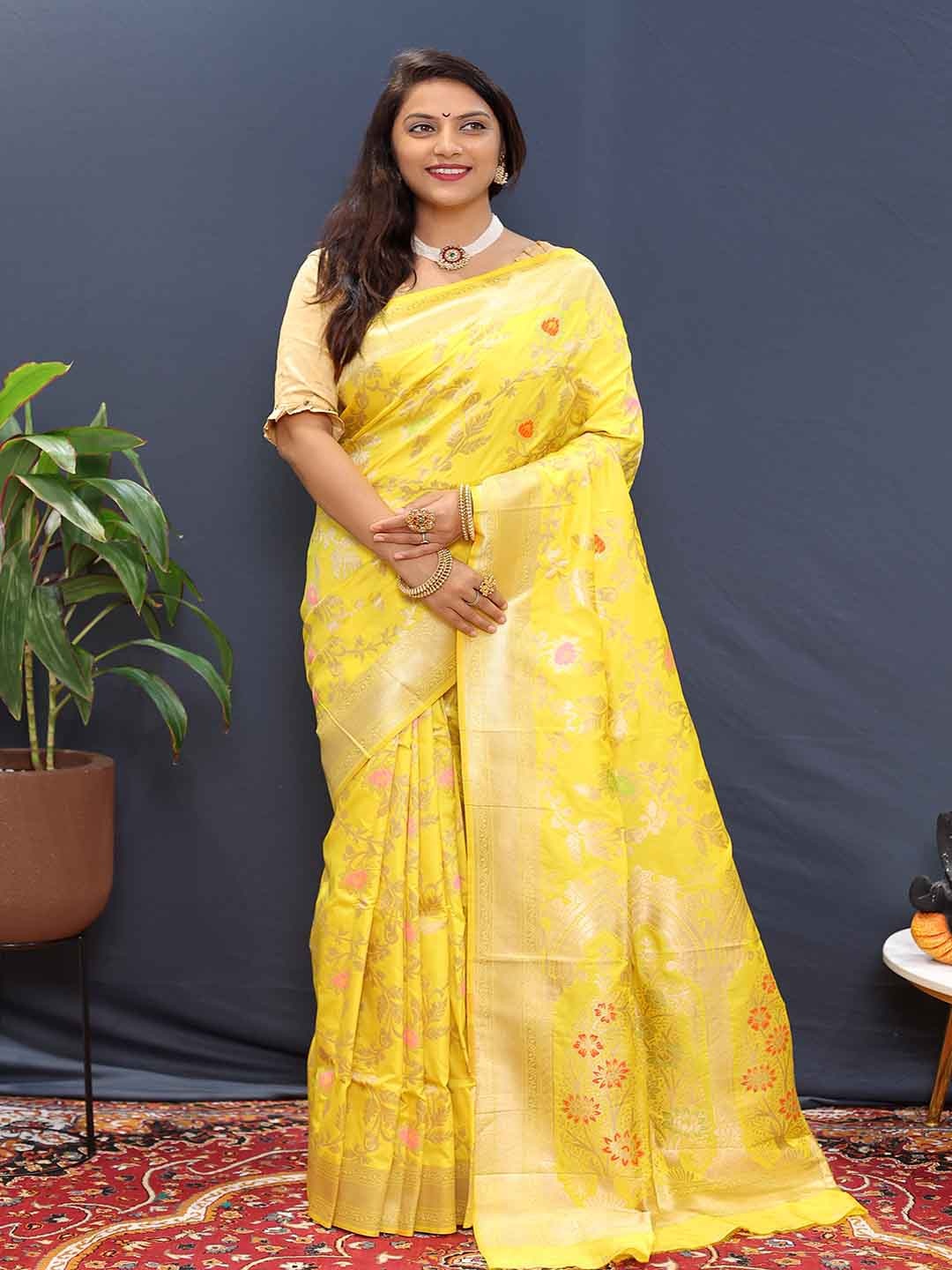 

KALINI Ethnic Motifs Woven Design Zari Art Silk Saree, Yellow