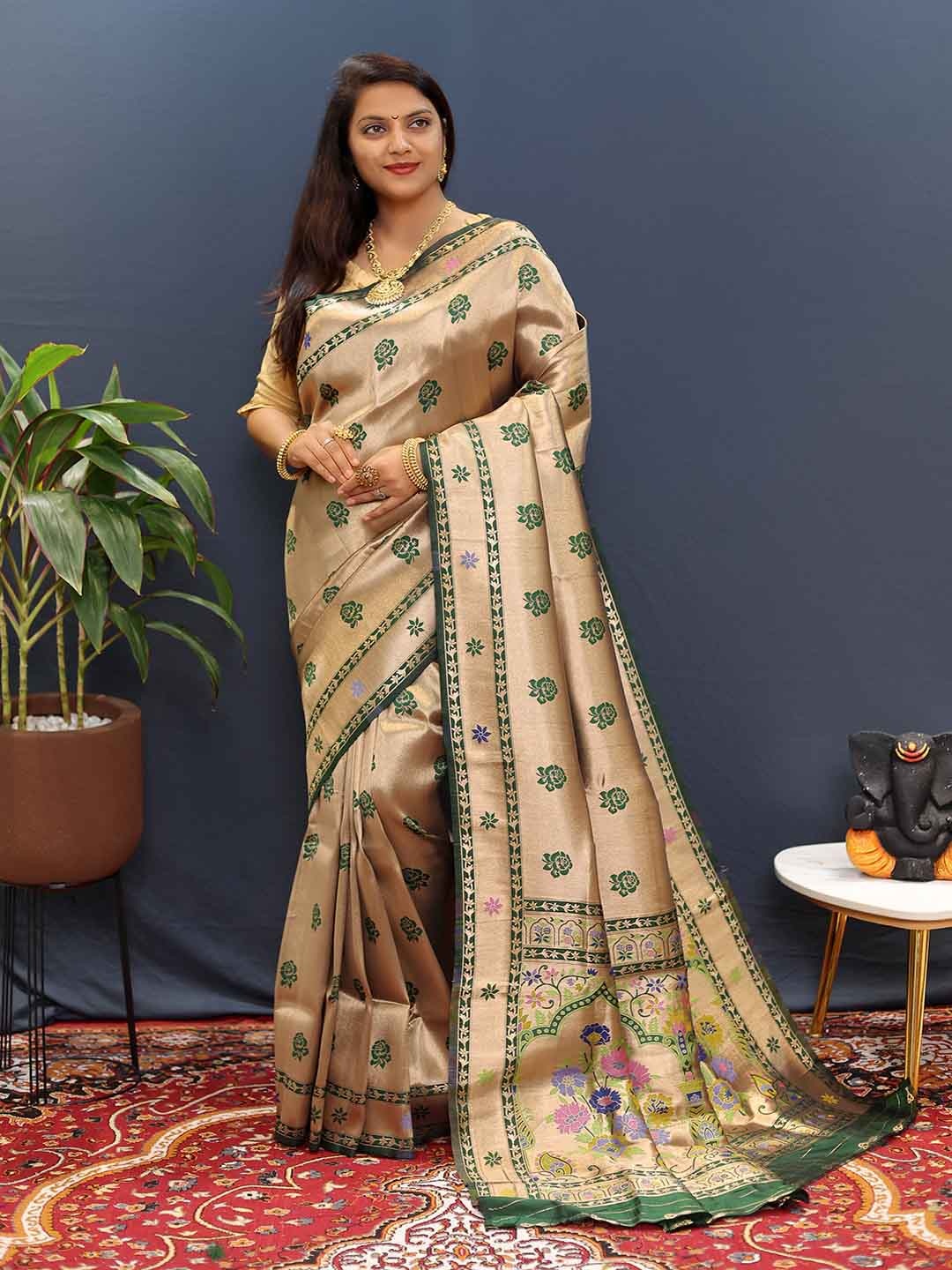 

KALINI Floral Printed Zari Art Silk Saree, Green