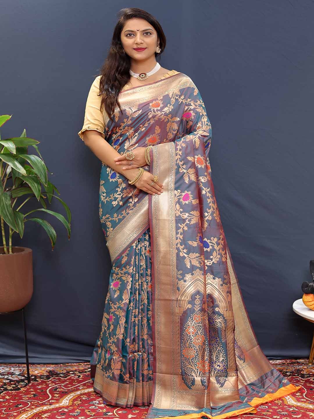 

KALINI Floral Woven Design Zari Detailed Saree, Grey