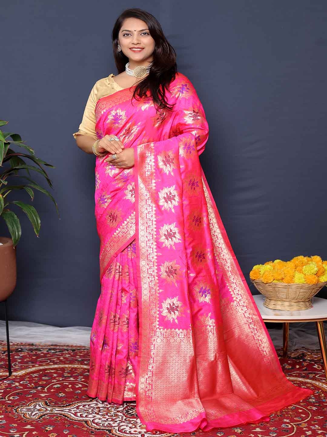 

KALINI Ethnic Motifs Woven Design Zari Art Silk Saree, Pink