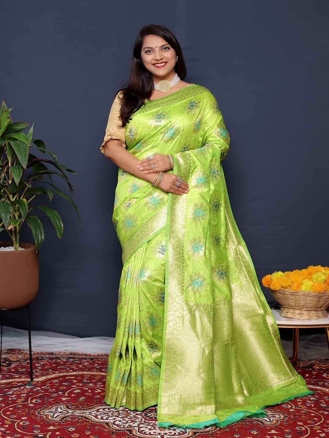 

KALINI Floral Woven Design Art Silk Saree, Green