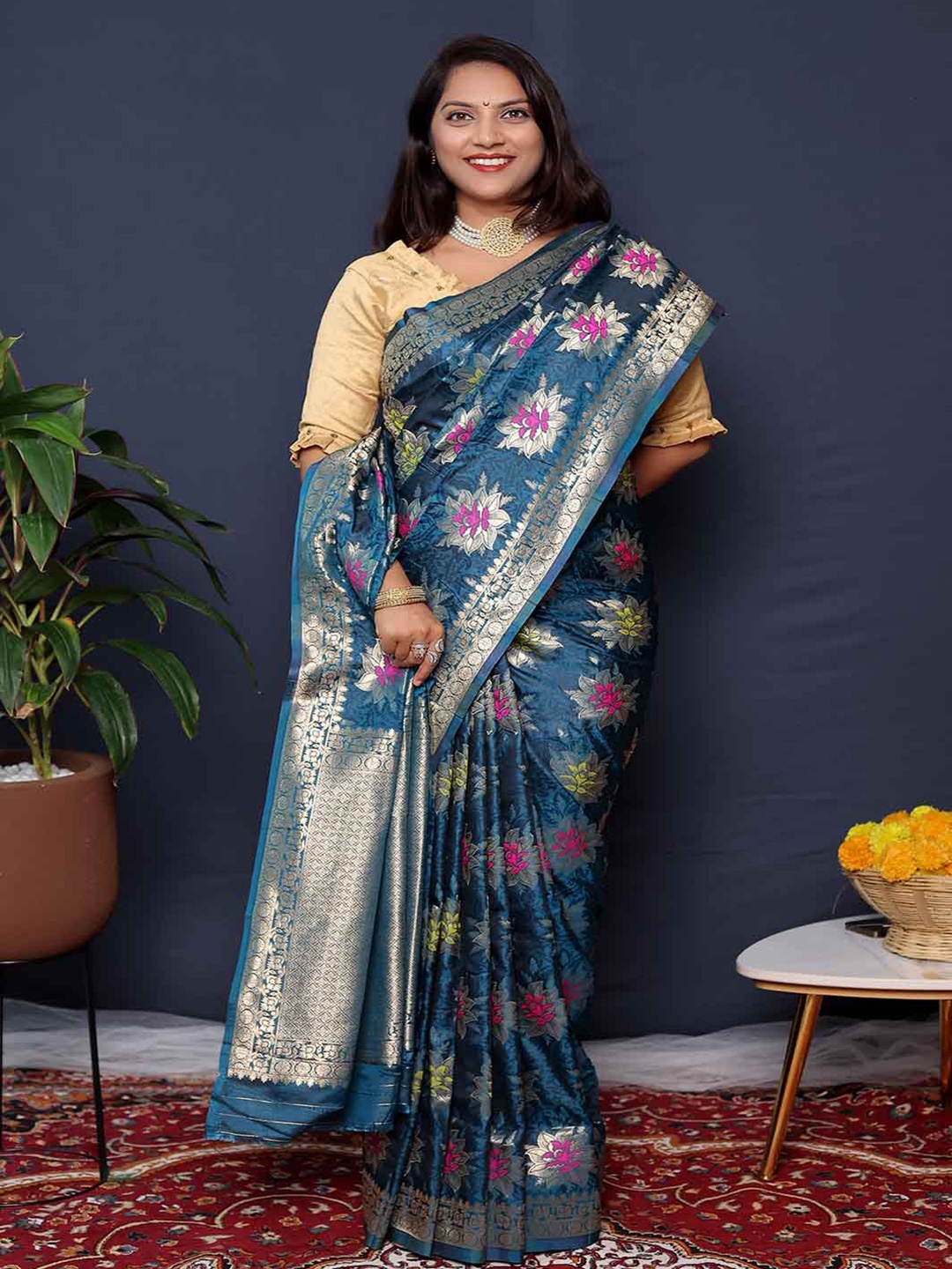 

KALINI Floral Woven Design Zari Saree, Blue