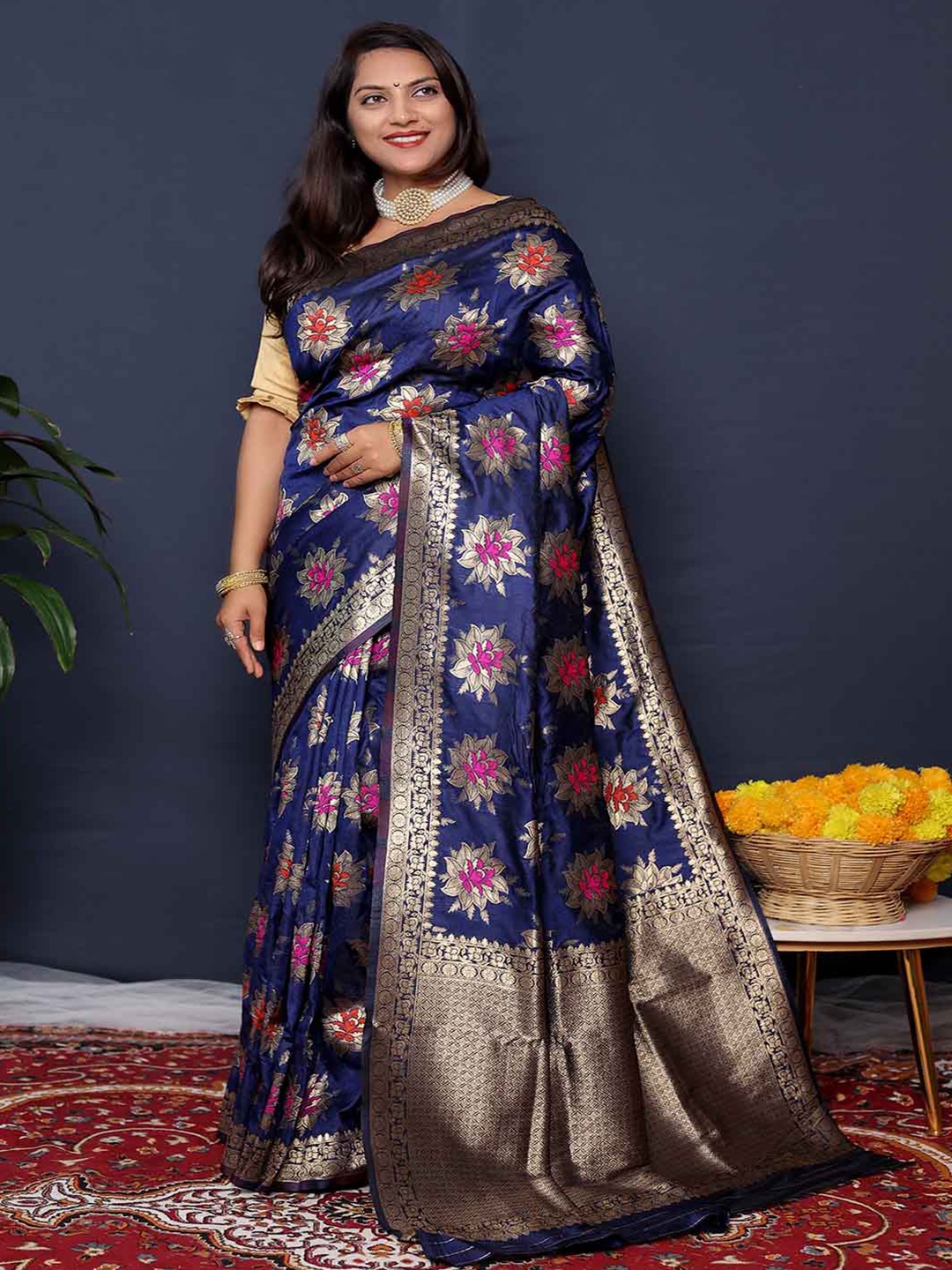 

KALINI Ethnic Motifs Woven Design Zari Art Silk Saree, Navy blue