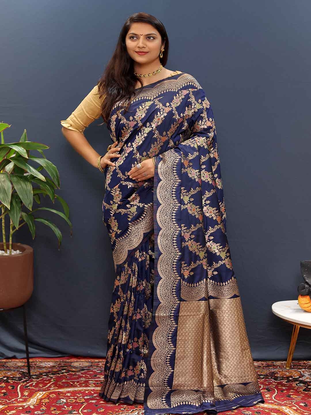 

KALINI Ethnic Motifs Woven Design Zari Art Silk Saree, Navy blue