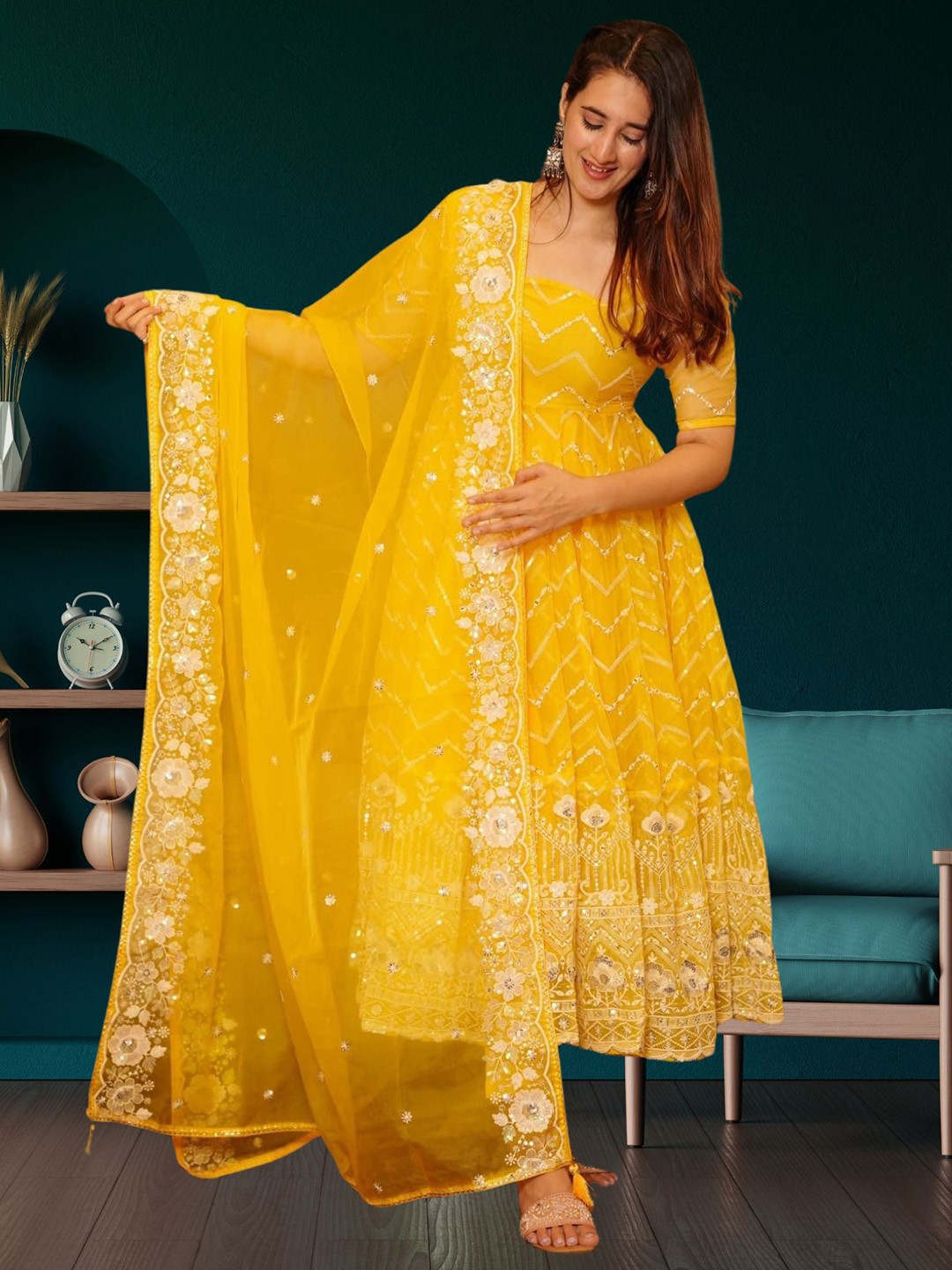 

ESTELA Embroidered Square Neck Empire Thread Work Kurta with Trousers & With Dupatta, Yellow