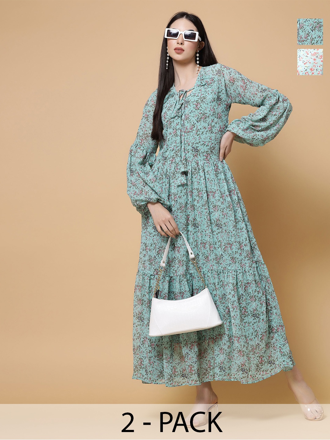 

MISS AYSE Pack of 2 Floral Printed Tiered Puff Sleeves Maxi Dress, Blue