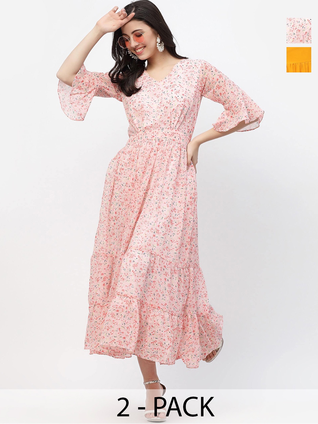 

MISS AYSE Pack Of 2 Floral Printed Georgette Maxi Dress, Pink