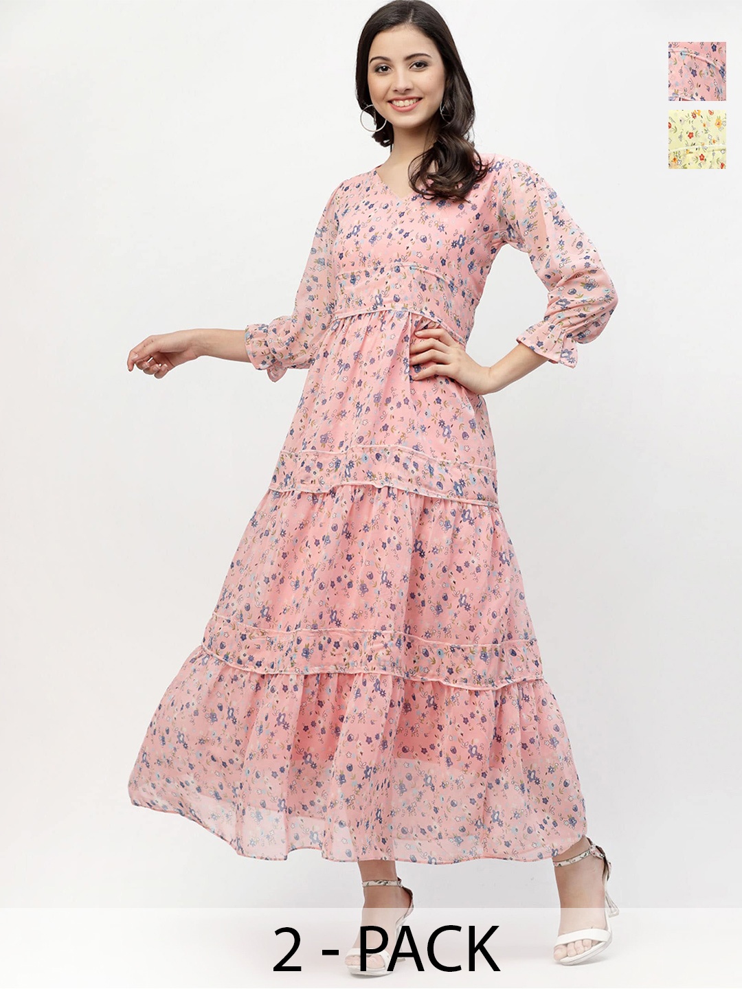 

MISS AYSE Pack of 2 Floral Printed Tiered Puff Sleeves Maxi Dress, Pink
