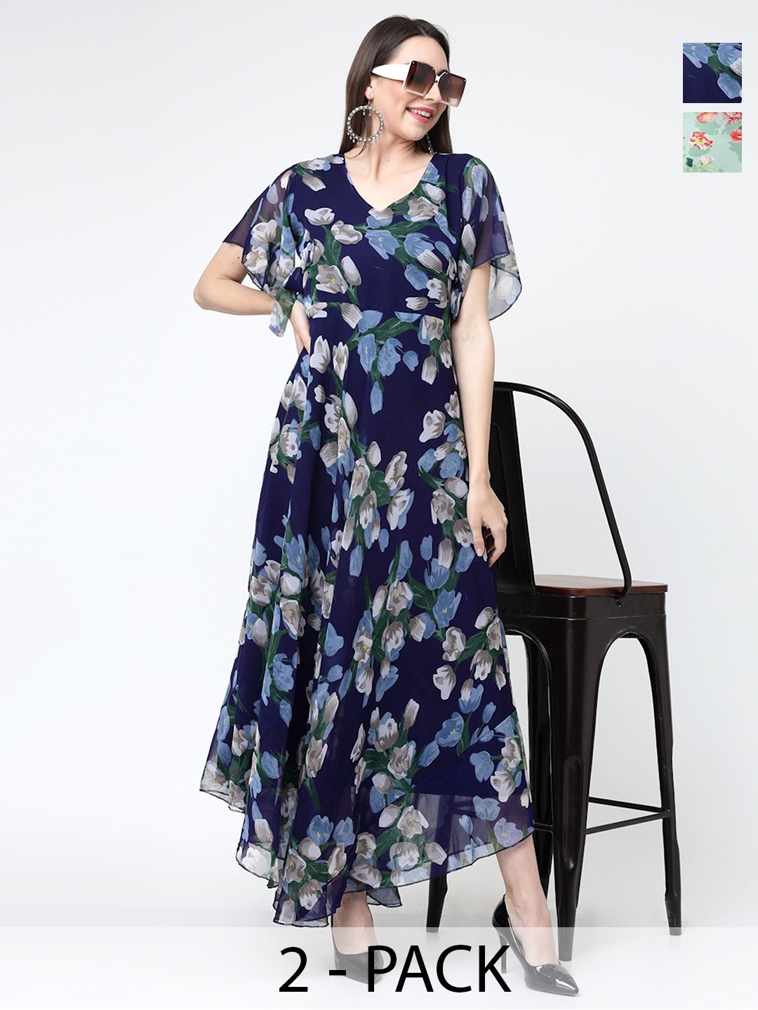 

MISS AYSE Pack Of 2 Floral Printed Georgette Maxi Dress, Navy blue